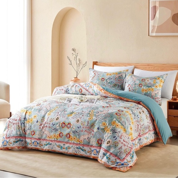 NEW Anthro Blue Jungle Multicolor Boho Queen / King Bedding Duvet & Sham Case - Picture 3 of 16